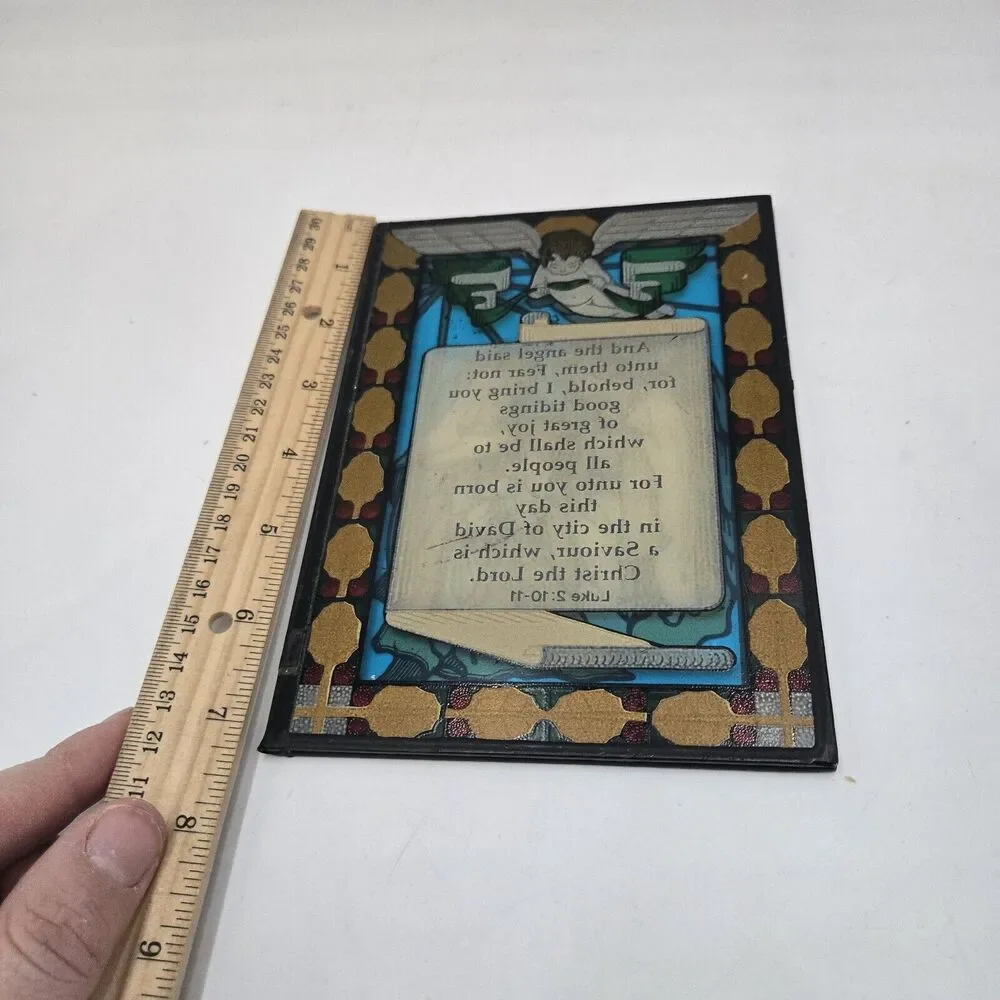 Christmas Nativity Glass Bifold 2 Panels Angels Verses from Luke Reverse Painted